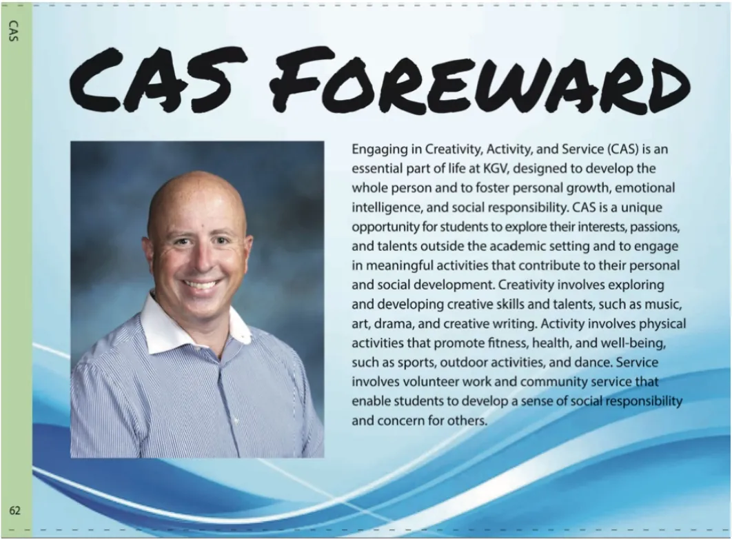 KGV school yearbook page: CAS Foreword