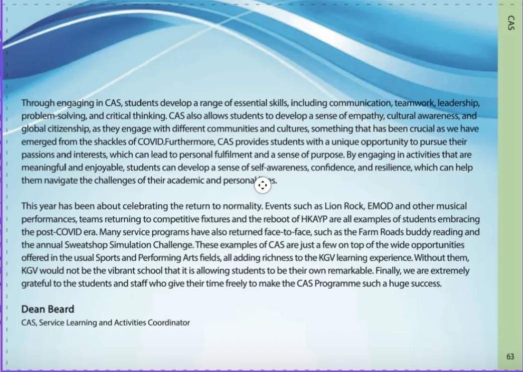KGV school yearbook page: CAS Programme