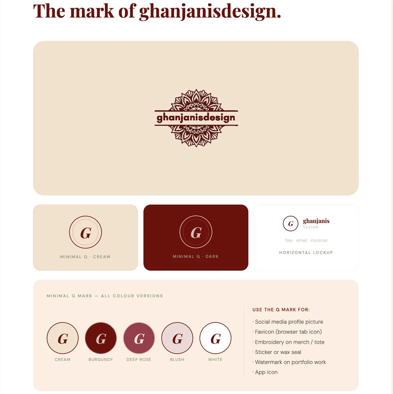 ghanjanis design logo and mark — brand kit design by Ghanjani Jain