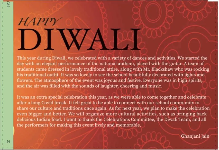 KGV school yearbook page: Happy Diwali Article