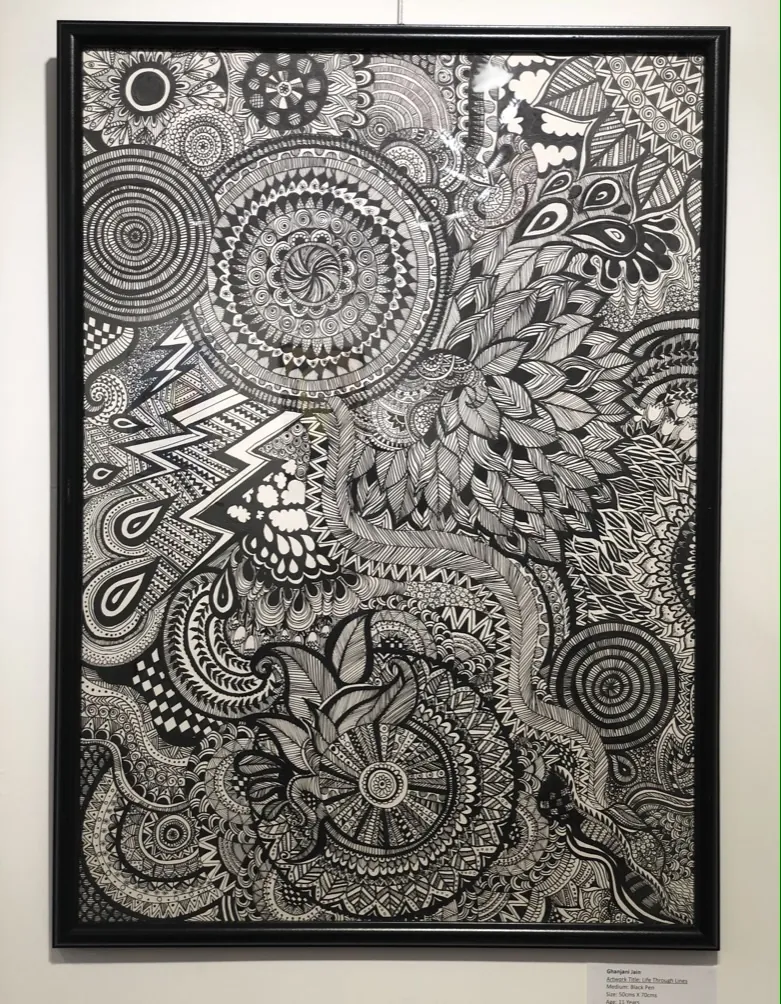Large framed zentangle artwork by Ghanjani Jain