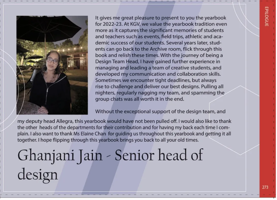 KGV school yearbook page: Senior Head of Design